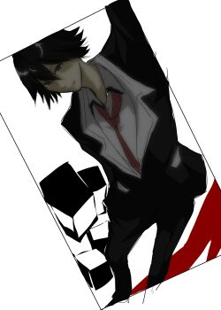 1boy absurdres bibi_(coffe) black_hair chaos;child collared_shirt foreshortening from_above hekiho_academy_school_uniform highres itou_shinji_(chaos;child) long_sleeves looking_at_viewer loose_necktie male_focus necktie open_clothes open_collar red_necktie school_uniform science_adventure shirt short_hair simple_background solo standing white_background white_shirt