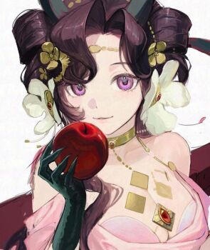 Rule 34 | 1girl, anjo nala, anjo nala (forbidden fruit), apple, black hair, breasts, cleavage, demon horns, flower, food, fruit, gloves, gold choker, green gloves, green horns, hair flower, hair ornament, hand up, holding, holding food, holding fruit, horns, large breasts, lizard tail, looking at viewer, purple eyes, red tail, reverse:1999, smile, solo, tail, upper body, white background, white flower, xjsbca