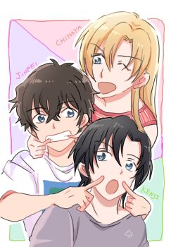 1girl 2boys aged_down beeemaru02 blonde_hair blue_eyes border brother_and_sister brown_hair character_name commentary_request hagiwara_chihaya hagiwara_kenji highres long_hair matsuda_jinpei meitantei_conan multiple_boys one_eye_closed shirt short_hair siblings smile white_border white_shirt