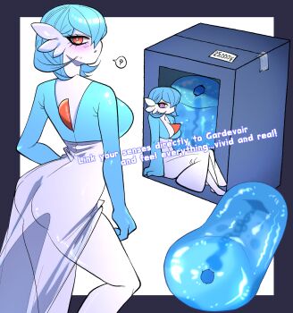 1girl ? alternate_color arm_at_side artificial_vagina ass back blue_hair blue_skin blush border box breasts bright_pupils colored_skin english_text female_focus from_behind gardevoir gen_3_pokemon grey_border hair_over_one_eye highres large_breasts looking_at_viewer looking_back multicolored_skin nintendo one_eye_covered open_mouth orange_eyes outside_border pokemon pokemon_(creature) purrverse see-through_clothes sex_toy shared_sense shiny_pokemon short_hair simple_background solo speech_bubble spoken_question_mark standing two-tone_skin white_background white_pupils white_skin