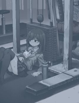 1girl blazer blue_theme closed_mouth empty_eyes exercise_machine exercising gym hamsterfragment jacket jaggy_lines long_sleeves medium_hair monochrome no_nose no_pupils original over-kneehighs panties pantyshot pleated_skirt power_rack ribbon school_uniform shirt shoes skirt shinohata_sachie_(hamsterfragment) thighhighs underwear upskirt weightlifting weights