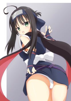 1girl \||/ ahoge ass back_bow black_hair black_scarf blue_bridal_gauntlets blue_kimono blush border bow bridal_gauntlets cameltoe chataring_mai clothes_lift commentary cowboy_shot dutch_angle eyes_visible_through_hair forehead_protector from_behind furrowed_brow green_eyes grey_background hair_between_eyes highres hitachi_mako japanese_clothes kimono kimono_lift leaning_forward lifting_own_clothes long_scarf looking_at_viewer looking_back ninja open_mouth outside_border panties red_scarf sash scarf senren_banka shiny_skin short_hair_with_long_locks simple_background solo teeth thigh_gap thighs two-sided_scarf underwear upper_teeth_only white_border white_bow white_panties white_sash