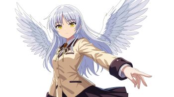 Rule 34 | 1girl, angel, angel beats!, angel wings, black skirt, breasts, buttons, closed mouth, collared shirt, commentary, cowboy shot, eyes visible through hair, feathered wings, floating hair, frown, hair between eyes, highres, index finger raised, jacket, long hair, long sleeves, looking at viewer, miniskirt, neck ribbon, outstretched arm, pleated skirt, ribbon, school uniform, shirt, simple background, skirt, small breasts, solo, split mouth, tachibana kanade, velvet hour, white background, white hair, white shirt, white wings, wings, yellow eyes, yellow jacket, yellow ribbon