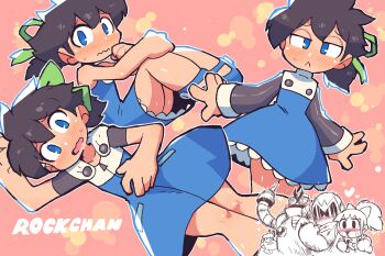1girl 4boys :&lt; auto auto_(mega_man) bare_legs black_hair blush boots bow capcom child cosplay covering_privates crap-man crossdressing crying dr._light_(mega_man) dress embarrassed hair_ribbon heart helmet highres humiliation legs logo_parody mega_man_(character) mega_man_(classic) mega_man_(series) mega_man_3 mega_man_8 messy_hair multiple_boys multiple_views nervous open_mouth pink_background proto_man rariatto_(ganguri) ribbon robot robot_boy robot_girl roll_(mega_man) roll_(mega_man)_(cosplay) shoes shota sleeveless sleeveless_dress sweat sweatdrop tears trap wavy_mouth