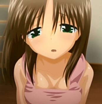 1girl anime_screenshot breasts brown_hair green_eyes highres in_the_hallway_of_the_apartment looking_at_viewer medium_breasts open_mouth oyasumi_sex short_hair sleeping_shirt solo standing stitched third-party_edit tsukioka_yui