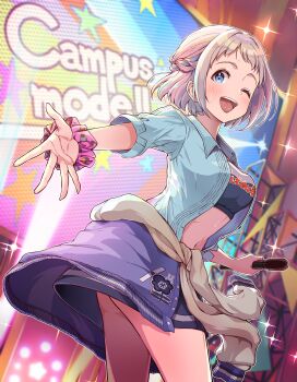 ;d absurdres aqua_shirt beckoning blue_eyes blue_ribbon blush braid breasts campus_mode!!_(idolmaster) clothes_around_waist commentary display_board gakuen_idolmaster grey_hair hair_ribbon half_up_braid highres holding holding_microphone idolmaster jacket jacket_around_waist katsuragi_lilja kuma_(gaph5274) letterman_jacket medium_breasts microphone navel one_eye_closed open_mouth ribbon ribbon_braid scrunchie shirt short_hair smile stage wrist_scrunchie