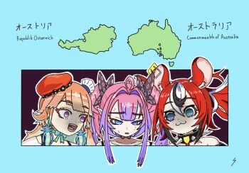 3girls ahoge animal_ears australia austria black_hair blue_eyes breasts commentary_request digitalrensyu earrings feather_earrings feathers hakos_baelz highres hololive hololive_dev_is hololive_english jewelry kikirara_vivi long_hair mouse_ears mouse_girl multicolored_hair multiple_girls orange_hair pink_hair purple_eyes purple_hair red_hair streaked_hair takanashi_kiara twintails two-tone_hair virtual_youtuber white_hair