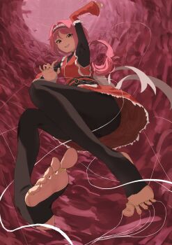 1girl absurdres arm_up armpits black_pantyhose bridal_legwear commentary_request detached_sleeves feet foot_focus foreshortening from_below full_body grin hair_intakes hairband highres japanese_clothes jewelry kimono legs long_hair long_sleeves looking_at_viewer nail_polish ninja no_shoes obi pantyhose pink_eyes pink_hair presenting_foot re:zero_kara_hajimeru_isekai_seikatsu red_kimono ring sash short_kimono sleeveless sleeveless_kimono smile soles solo spread_toes stirrup_legwear toe_ring toeless_legwear toenail_polish toenails toes user_vnwc4783 white_hairband yae_tenzen