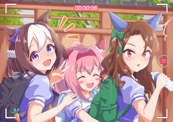 Rule 34 | 3girls, animal ears, backpack, bag, blush, blush stickers, bottle, bow, bowtie, braid, breasts, brown hair, carrot charm, closed eyes, commentary request, ear bow, ear covers, ear ribbon, hair between eyes, hairband, half up braid, haru urara (umamusume), headband, highres, holding, holding bottle, horse ears, horse girl, king halo (umamusume), long hair, looking at viewer, mokichi3356, multicolored hair, multiple girls, open mouth, pink hair, pink headband, ponytail, puffy short sleeves, puffy sleeves, purple bow, purple bowtie, purple eyes, purple shirt, purple skirt, recording, red eyes, red headband, sailor collar, sailor shirt, school uniform, shirt, short hair, short sleeves, skirt, smile, special week (umamusume), sweatdrop, tracen school uniform, two-tone hair, umamusume, v, water bottle, white hair