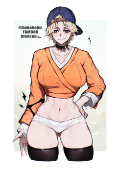1girl abs artist_name backwards_hat baseball_cap blonde_hair blue_hat bluecup breasts closed_mouth grey_eyes hand_on_own_hip hat highres large_breasts long_sleeves looking_at_viewer mole mole_under_mouth narrow_waist navel original panties short_hair simple_background smirk thighhighs tomboy toned toned_female twitter_username underwear