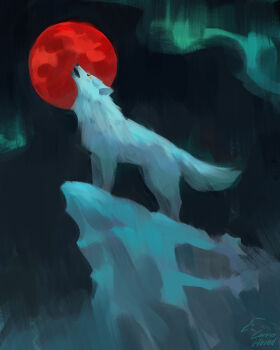 animal animal_focus aurora cliff commentary corvushound english_commentary full_body full_moon highres howling kiba moon night no_humans orange_eyes red_moon signature solo white_wolf wolf wolf's_rain