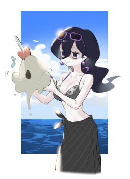 1girl alternate_costume bags_under_eyes bikini bikini_top_only black_bikini black_hair black_sarong blue_sky breasts cleavage closed_mouth cloud cloudy_sky commentary cowboy_shot cropped_legs day double-parted_bangs earrings eyelashes eyewear_on_head gen_7_pokemon hair_between_eyes hex_maniac_(pokemon) hex_maniac_(pokemon_legends:_z-a) holding holding_pokemon jewelry long_hair medium_breasts musical_note nail_polish navel nintendo ocean outdoors outside_border pokemon pokemon_(creature) pokemon_legends:_z-a purple-framed_eyewear purple_eyes purple_nails raine_(acke2445) sandygast sarong sky smile solo sphere_earrings standing stomach sunglasses swimsuit symbol-only_commentary wavy_hair