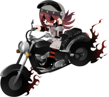 1girl black_blood black_suspenders blood blood_on_face boots burning driving fire full_body funamusea funamusea_(artist) helmet long_hair met_(funamusea) motor_vehicle motorcycle official_art on_motorcycle open_mouth red_eyes red_hair riding shorts simple_background socks solo striped_clothes striped_socks suspender_shorts suspenders sutare_yume