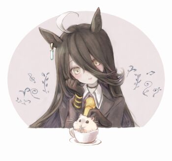 1girl ahoge animal_ears black_choker black_coat black_gloves black_hair black_shirt blush choker closed_mouth coat collared_shirt contrast_collar cup ear_ornament ear_tag earrings gloves haiki_(hakkyoii06) hair_between_eyes hamster hand_on_own_face hand_up horse_ears horse_girl jewelry long_hair long_hair_between_eyes long_sleeves looking_at_animal manhattan_cafe_(umamusume) necktie plate seed shirt single_earring smile solo sunflower_seed umamusume very_long_hair white_hair yellow_eyes yellow_necktie