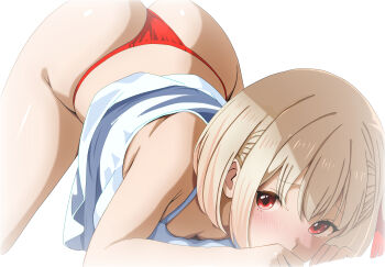 1girl absurdres all_fours ass blonde_hair blush breasts camisole commentary_request hair_ribbon highres looking_at_viewer lycoris_recoil nishikigi_chisato panties red_eyes red_panties red_ribbon ribbon short_hair simple_background solo tetsuado top-down_bottom-up underwear white_background white_camisole