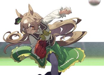 Rule 34 | 1girl, animal ears, ball, baseball, baseball (object), baseball glove, black thighhighs, blush, bow, braid, breasts, brown corset, brown eyes, brown hair, brown sailor collar, closed mouth, corset, double-parted bangs, ear ornament, green skirt, hair between eyes, highres, horse ears, horse girl, long hair, long sleeves, multicolored hair, nishiki kazue, pitching, sailor collar, satono diamond (umamusume), shirt, skirt, streaked hair, tail, teeth, thighhighs, umamusume, very long hair, white shirt, yellow bow