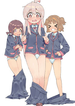 >_< 3girls ahoge araimelon black_jacket bow bow_panties brown_hair clothes_pull commentary commission english_commentary highres hozuki_momiji jacket loli long_hair long_sleeves multicolored_hair multiple_girls oka_asahi onii-chan_wa_oshimai! open_mouth oyama_mahiro panties pink_hair pixiv_commission short_hair simple_background skirt skirt_pull smile two_side_up underwear white_background white_panties