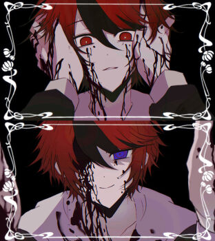 2boys absurdres black_background black_streaks blood blood_on_face blood_on_hands blue_eyes border bright_pupils commentary dual_persona english_commentary hands_on_another&#039;s_head highres hood hoodie inset_border kazuko_(ayuan96457) male_focus mixed-language_commentary multicolored_hair multiple_boys official_alternate_eye_color one_eye_covered ornate_border parted_lips possessed pov pov_hands red_hair selfcest short_hair smile split_screen spoilers streaked_hair sumino_takumi the_hundred_line_-last_defense_academy- white_hoodie white_pupils yaoi