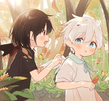 2boys bat_wings black_hair black_shirt blue_bow blue_bowtie blue_eyes blue_sailor_collar blush bow bowtie bug butterfly child dated dot_nose falling_leaves fang far_tarooo hair_between_eyes highres insect kuro_(far_tarooo) ladybug leaf looking_at_another looking_at_viewer looking_to_the_side male_focus multiple_boys open_mouth original red_eyes sailor_collar shiro_(far_tarooo) shirt short_hair short_sleeves signature sunlight tree upper_body white_hair white_shirt white_wings wings