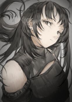 1girl absurdres barbell_piercing bare_shoulders black_eyes black_hair center_opening closed_mouth ear_piercing furatsuki_(kusima3) head_tilt highres industrial_piercing long_hair looking_at_viewer multiple_piercings open-chest_sweater original piercing solo sweater turtleneck turtleneck_sweater upper_body vignetting