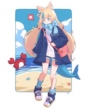 1girl absurdres ahoge alternate_costume animal_ear_fluff animal_ears arm_at_side artist_name bag beach black_shorts blonde_hair blue_bow blue_coat blue_eyes blue_scarf blue_shoes blue_socks blue_streaks bow bright_pupils cat_ears charm_(object) clam cloud coat commentary crab cross-laced_shoes day denim denim_shorts drawstring english_commentary fins fish_tail full_body hair_bow heart highres holding_strap indie_virtual_youtuber jacket kaniki_(sameko_saba) legs_apart lifebuoy_hair_ornament light_blush long_hair long_sleeves looking_at_animal low_twintails mikeemyk1 multicolored_hair ocean open_clothes open_coat parted_lips pink_bag plaid_clothes plaid_scarf sameko_saba scarf scarf_bow shark_tail shoes shorts shoulder_bag sky sleeves_past_wrists smile sneakers socks solo speech_bubble spoken_heart standing starfish streaked_hair tail twintails very_long_hair virtual_youtuber white_jacket white_pupils