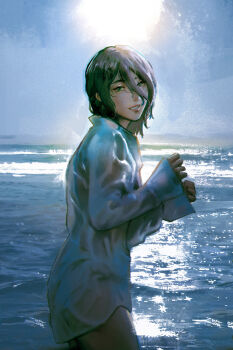 1girl black_hair blue_sky chainsaw_man day green_eyes hair_between_eyes hair_down highres horizon jacksonso looking_at_viewer ocean outdoors reze_(chainsaw_man) shirt sky solo sun wet wet_clothes wet_hair wet_shirt white_shirt