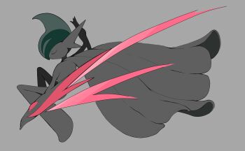 1other absurdres arm_blade arm_up cape closed_eyes colored_skin commentary_request facing_to_the_side gallade gen_4_pokemon green_hair grey_background high_contrast highres knees_up mega_gallade mega_pokemon midair mohawk muted_color nintendo outstretched_arms pokemon pokemon_(creature) pokemon_focus weapon white_cape white_skin wksgork