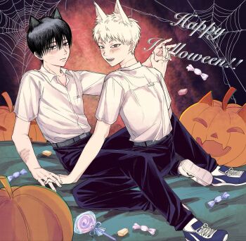 Rule 34 | 2boys, animal ears, belt, black pants, blue shoes, blush, candy, cat boy, cat ears, collared shirt, commentary, crooked teeth, english commentary, food, grey belt, happy halloween, highres, hikaru ga shinda natsu, holding hands, indou hikaru, jack-o'-lantern, kneeling, lollipop, looking at viewer, male focus, mole, mole on arm, mole on cheek, mole on neck, mole under eye, mole under mouth, multiple boys, multiple moles, open collar, pants, red eyes, scar, scar on arm, scar on neck, school uniform, shirt, shirt tucked in, shoe soles, shoes, short hair, short sleeves, silk, sitting, slit pupils, spider web, swirl lollipop, tsujinaka yoshiki, watch, whiskers, white shirt, white shoes, wolf ears, x x3999, yaoi