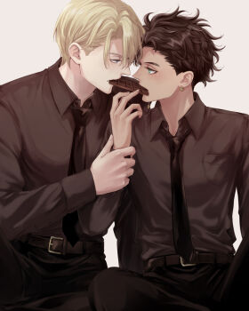 2boys arm_up belt belt_buckle black_belt black_necktie black_pants black_shirt blonde_hair blue_eyes breast_pocket brown_hair buckle candy chocolate chocolate_bar claude_von_riegan collared_shirt commentary_request dimitri_alexandre_blaiddyd earrings eating eye_contact fingernails fire_emblem fire_emblem:_three_houses food formal_clothes green_eyes hand_on_another&#039;s_wrist jewelry looking_at_another male_focus multiple_boys necktie nintendo open_collar pants parted_hair piercing pocket saku_(soreca49) sharing_food shirt short_sideburns simple_background sitting wavy_hair wing_collar yaoi