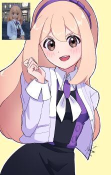 1girl :d ace_trainer_(female)_(pokemon_lz-a) black_skirt blonde_hair blush brown_eyes collared_shirt commentary game_screenshot_inset hairband hand_up happy highres jacket long_hair long_sleeves meru_merume603 nintendo open_clothes open_jacket open_mouth outline pokemon pokemon_legends:_z-a purple_hairband reference_inset shirt signature skirt smile solo teeth tongue upper_teeth_only vest white_shirt yellow_background