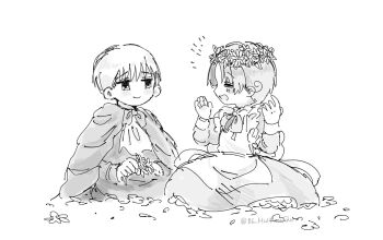 2boys 86_huixuanqu aged_down ahoge apron artist_name ascot axis_powers_hetalia back_bow blush bow bowtie cape chibitalia_(hetalia) child closed_eyes closed_mouth collared_dress commentary_request crossdressing crossdressing_(mtf) dress flower frills full_body grass greyscale hair_between_eyes hands_up happy head_wreath holding holding_flower holy_roman_empire_(hetalia) juliet_sleeves long_sleeves looking_at_another male_focus monochrome multiple_boys northern_italy_(hetalia) notice_lines open_mouth puffy_sleeves robe seiza short_hair simple_background sitting smile