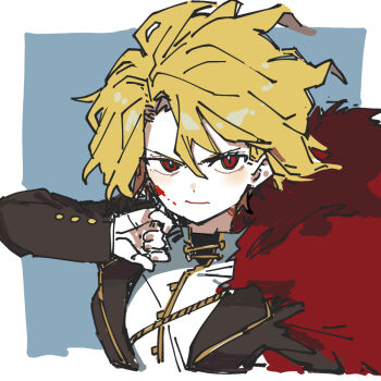 Rule 34 | 1girl, arm up, blonde hair, blood, blood on face, brown jacket, cape, closed mouth, don quixote (project moon), gold trim, hand up, highres, jacket, limbus company, parted bangs, pinch (nesume), project moon, red cape, red eyes, sancho (project moon), short hair, solo, upper body