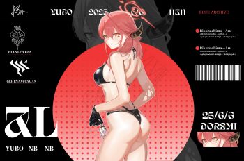 1girl absurdres alternate_costume aru_(blue_archive) ass bikini black_bikini black_bra black_panties blue_archive bra breasts comic_lo cowboy_shot doodle_sensei_(blue_archive) from_behind gloves hair_between_eyes halo highres large_breasts looking_at_viewer looking_back orange_eyes panties red_hair red_halo sensei_(blue_archive) smile solo standing swimsuit thighs underwear youzidmw