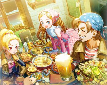 1boy 2girls alcohol beer belt belt_buckle black_belt blonde_hair blue_eyes blue_gemstone blush bokujou_monogatari brown_hair brown_jacket buckle candle candlestand character_request closed_eyes collarbone cup detached_sleeves dress drill_hair earrings fire fish food fork frills gem gloves grin highres holding ice indoors jacket jewelry katie_(bokujou_monogatari) long_hair long_sleeves looking_at_another menu midriff multiple_girls necklace night nshi open_mouth pants pink_dress pink_sleeves plate ponytail red_eyes shirt shrimp smile striped_clothes striped_shirt teeth tongue upper_teeth_only