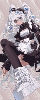 1girl apron belt_boots black_hairband black_shrug black_skirt black_thighhighs blue_eyes boots breasts closed_mouth clothing_cutout eye_in_hair fingernails fishnets frilled_apron frilled_hairband frills hairband highres hip_vent jersey_maid long_hair looking_at_viewer maid maid_apron medium_breasts now_drawing original platform_boots shirt shrug_(clothing) signature skirt sleeves_past_wrists solo spiked_boots thighhighs twintails unconventional_maid wavy_background white_apron white_boots white_hair white_shirt