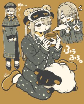Rule 34 | 1girl, blunt bangs, capelet, closed eyes, closed mouth, commentary request, cup, double v, ebiebi, flying sweatdrops, full body, grey hair, hair over one eye, highres, holding, holding cup, holding magnifying glass, jacket, long hair, long sleeves, magnifying glass, multiple views, open mouth, original, pajamas, pants, polka dot, polka dot pajamas, ribbon, sitting, sleep mask, smile, sparkle, steam, stuffed animal, stuffed sheep, stuffed toy, sweater, turtleneck, turtleneck sweater, v, yellow ribbon