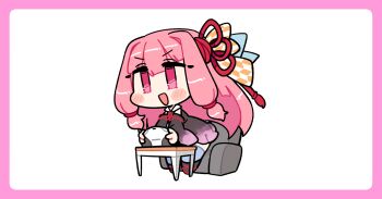 1girl :d bare_shoulders black_dress black_shoes black_sleeves blue_thighhighs blush_stickers border chibi chibi_only commentary_request controller couch detached_sleeves dress full_body game_controller hair_ribbon highres holding holding_controller holding_game_controller ini_(inunabe00) kotonoha_akane long_hair long_sleeves open_mouth outline pink_border pink_hair red_eyes red_ribbon ribbon sailor_collar shoes simple_background sitting sleeveless sleeveless_dress smile solo table thighhighs transparent_background v-shaped_eyebrows voiceroid white_outline white_sailor_collar wide_sleeves