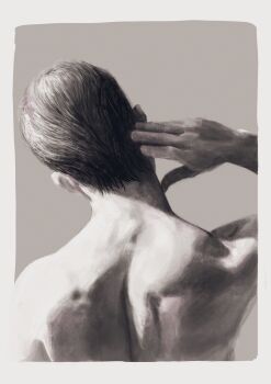 Rule 34 | 1boy, back, back focus, greyscale, hand on own neck, highres, k05062688, male focus, mito youhei, monochrome, pompadour, simple background, slam dunk (series), solo, upper body