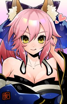 Rule 34 | 1girl, animal ear fluff, animal ears, bare shoulders, blue bow, blue kimono, bow, breasts, cleavage, detached collar, detached sleeves, fate/extra, fate (series), fox ears, fox girl, fox tail, hair between eyes, hair bow, highres, japanese clothes, kimono, large breasts, licking lips, long hair, looking at viewer, pink hair, sidelocks, smile, solo, tail, tamamo no mae (fate), tongue, tongue out, twintails, wagu neru, wide sleeves, yellow eyes
