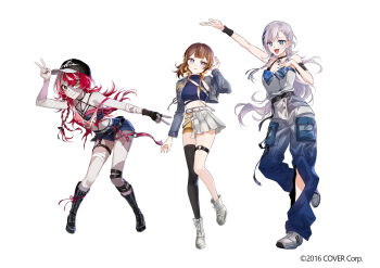 3girls anya_melfissa arm_strap arm_up baseball_cap belt black_gloves black_hat black_thighhighs blonde_hair blue_eyes blue_hair blue_jacket blue_nails blue_pants blue_shirt blue_shorts blue_tube_top blunt_ends boots bow braid braided_bangs braided_sidelock breasts brown_hair buttons cargo_pants center-flap_bangs character_name chest_harness cleavage clenched_hand closed_mouth clothing_cutout colored_skin commentary company_name copyright_notice cropped_jacket cropped_shirt denim denim_jacket diamond-shaped_pupils diamond_(shape) english_commentary fingerless_gloves full_body gloves gradient_eyes gradient_hair green_eyes grey_hair grey_jacket grey_skin grin hair_bow hair_ornament hair_over_one_eye hair_ribbon hairclip half-skirt hand_on_own_hip hand_up harness hat headset heterochromia hololive hololive_indonesia holoro jacket knee_boots kureiji_ollie lace-up_boots large_breasts leg_cutout lineup long_hair long_sidelocks looking_at_viewer midriff midriff_peek miniskirt mismatched_pupils multicolored_eyes multicolored_hair multicolored_skin multiple_girls nail_polish navel o-ring o-ring_thigh_strap official_alternate_costume official_alternate_hairstyle official_art overskirt pants parted_lips patchwork_skin pavolia_reine pencil_skirt pink_hair platform_boots pleated_skirt purple_eyes purple_skin red_eyes red_hair red_nails red_tank_top ribbon sakon04 shirt shoes short_shorts shorts side_braids sidelocks simple_background single_glove single_off_shoulder single_thighhigh skirt sleeveless sleeveless_jacket smile sneakers standing stitched_arm stitched_face stitched_leg stitched_torso stitches straight-on strap_slip strapless streaked_hair swept_bangs symbol-shaped_pupils tank_top teeth thigh_strap thighhighs torn_clothes torn_tank_top tube_top v virtual_youtuber white_background white_belt white_boots white_eyes white_shoes white_skirt x-shaped_pupils x_hair_ornament yellow_skirt zombie