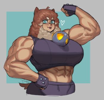 1girl abs animal_ears artist_self-insert biceps blue_eyes border breasts brown_hair cropped_torso dog_ears dog_girl dog_tail felicia_(krekkov) fingerless_gloves flexing gloves grey_border hand_on_own_hip heart highres huge_breasts krekkball krekkov muscular muscular_female original outside_border sportswear tail tail_wagging tongue tongue_out