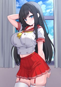 1girl absurdres arm_behind_head arm_up black_hair blue_eyes braid breasts buttons commentary_request cowboy_shot crop_top double-breasted garter_straps high-waist_skirt highres kkam-sang large_breasts lochi&#039;s_character long_hair looking_at_viewer midriff navel neckerchief original panties pantyshot pleated_skirt red_panties red_sailor_collar red_skirt sailor_collar school_uniform serafuku shirt short_sleeves sidelocks skindentation skirt solo thighhighs underwear white_shirt white_thighhighs window yellow_neckerchief