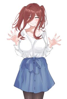 Rule 34 | 1girl, absurdres, alternate costume, alternate hairstyle, black pantyhose, blush, breasts, brown hair, cardigan, cardigan around waist, clenched teeth, closed eyes, clothes around waist, collarbone, commentary, go-toubun no hanayome, hair between eyes, hands up, highres, large breasts, ldeeeeeeeeeejo, long hair, long hair between eyes, long sleeves, nakano miku, pantyhose, shirt, simple background, smile, solo, standing, teeth, twintails, waving, white background, white shirt