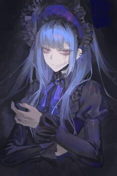 Rule 34 | 1girl, :/, alternate costume, amemiya darumi, bags under eyes, black background, black bonnet, black dress, blue bow, blue bowtie, blue hair, bonnet, bow, bowtie, brooch, chin piercing, chinese commentary, closed mouth, commentary request, dress, earclip, earrings, eyelashes, face piercing, facepaint, frilled sleeves, frills, gothic lolita, hand up, highres, jewelry, juliet sleeves, lolita fashion, long hair, long sleeves, piercing, pink eyes, puffy sleeves, solo, spike piercing, the hundred line -last defense academy-, upper body, yan tang 2333