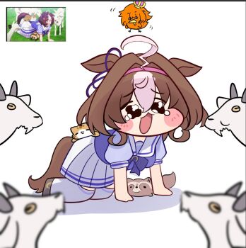 2girls ahoge all_fours animal_ears animalization anime_screenshot_inset awooogie beak bird blush blush_stickers bow bowtie breasts brown_hair cat crying double-parted_bangs ear_ribbon goat hair_between_eyes hairband horse_ears horse_girl horse_tail medium_hair meisho_doto_(umamusume) multicolored_hair multiple_girls open_mouth orange_hair person_and_animalization pink_hairband pleated_skirt puffy_short_sleeves puffy_sleeves purple_bow purple_bowtie purple_shirt sailor_collar sailor_shirt school_uniform screenshot_inset shirt short_hair short_sleeves skirt t.m._opera_o_(umamusume) tail tanuki tearing_up thighhighs tracen_school_uniform two-tone_hair umamusume white_hair white_sailor_collar white_skirt white_thighhighs