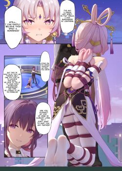 2girls absurdres arms_behind_back bdsm blush bondage bound bound_arms bound_legs bound_torso bound_wrists crotch_rope english_text fu_xuan_(honkai:_star_rail) highres himitsu_(hi_mi_tsu_2) honkai:_star_rail honkai_(series) kafka_(honkai:_star_rail) kneeling legs_together multiple_girls no_shoes non-web_source outdoors paid_reward pantyhose reverse_prayer rope shibari shibari_over_clothes skindentation speech_bubble white_pantyhose