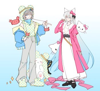 1boy 1girl absurdres blue_eyes braid commission fate/grand_order fate_(series) full_body grey_hair hair_between_eyes hair_ornament half_up_braid hello_kitty_(character) highres long_hair looking_at_viewer morgan_le_fay_(fate) oberon_(fate) ponytail second-party_source short_hair smile standing very_long_hair white_hair