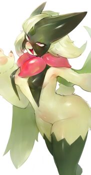 3gs absurdres animal_hands animal_nose body_fur breasts claws covered_erect_nipples fang flipped_hair furry furry_female green_fur highres mask meowscarada navel nintendo open_mouth pawpads pink_eyes pokemon pokemon_(creature) pokemon_sv short_tail small_breasts tail thick_thighs thighs two-tone_fur white_background