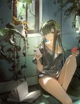 1girl absurdres alternate_costume arknights bare_shoulders black_shirt book cellphone closed_mouth commentary elf food grey_hair hair_ornament highres holding holding_food holding_phone indoors long_hair meihina mole mole_under_eye muelsyse_(arknights) off_shoulder on_floor open_book overgrown phone plant pointy_ears shirt sitting smartphone solo t-shirt window yellow_eyes