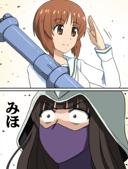 2girls bazooka_(gundam) brown_eyes brown_hair closed_mouth cosplay girls_und_panzer gundam helmet highres kycilia_zabi kycilia_zabi_(cosplay) mask mature_female mobile_suit_gundam mother_and_daughter mouth_mask multiple_girls nishizumi_miho nishizumi_shiho omachi_(slabco) ooarai_school_uniform parody salute scene_reference school_uniform short_hair smile translation_request white_helmet